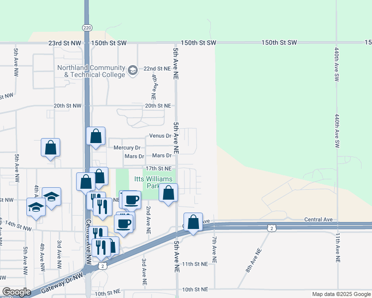 map of restaurants, bars, coffee shops, grocery stores, and more near 1720 5th Avenue Northeast in East Grand Forks