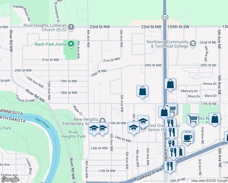 map of restaurants, bars, coffee shops, grocery stores, and more near 6 Garden Court Northwest in East Grand Forks