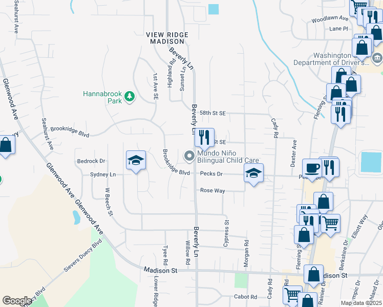 map of restaurants, bars, coffee shops, grocery stores, and more near 6012 Beverly Lane in Everett