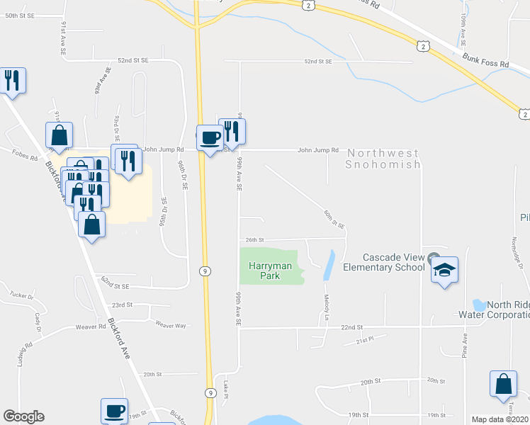 map of restaurants, bars, coffee shops, grocery stores, and more near 2627 Lake Avenue in Snohomish