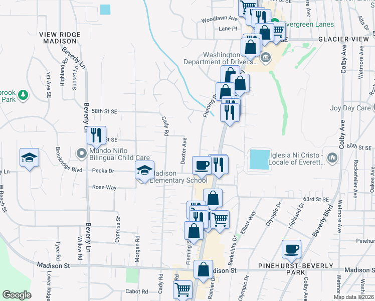 map of restaurants, bars, coffee shops, grocery stores, and more near 6023 Dexter Avenue in Everett
