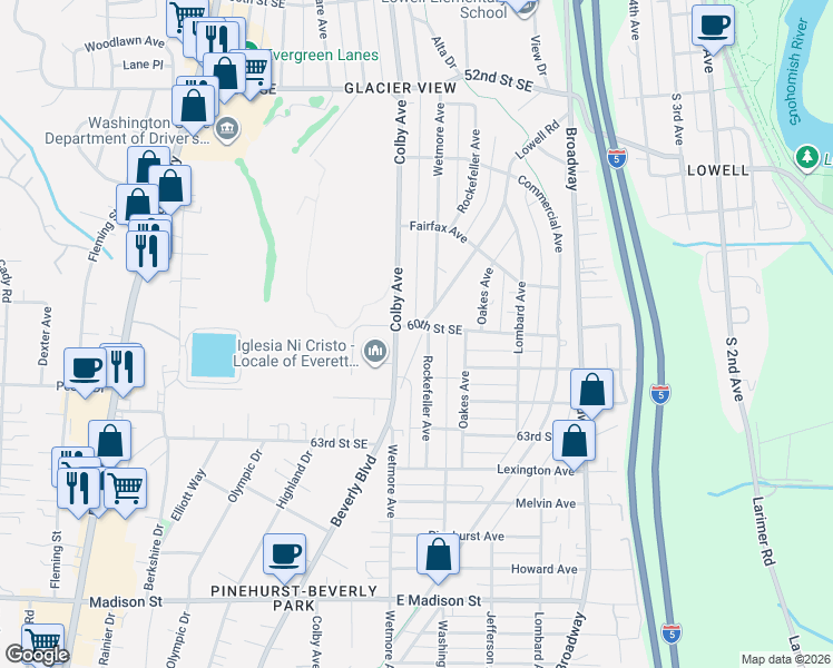 map of restaurants, bars, coffee shops, grocery stores, and more near 6007 Colby Avenue in Everett