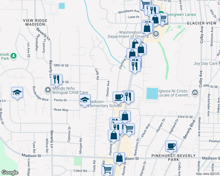 map of restaurants, bars, coffee shops, grocery stores, and more near 6023 Dexter Avenue in Everett