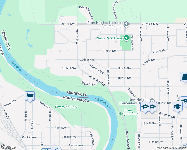 map of restaurants, bars, coffee shops, grocery stores, and more near 1813 River Road Northwest in East Grand Forks