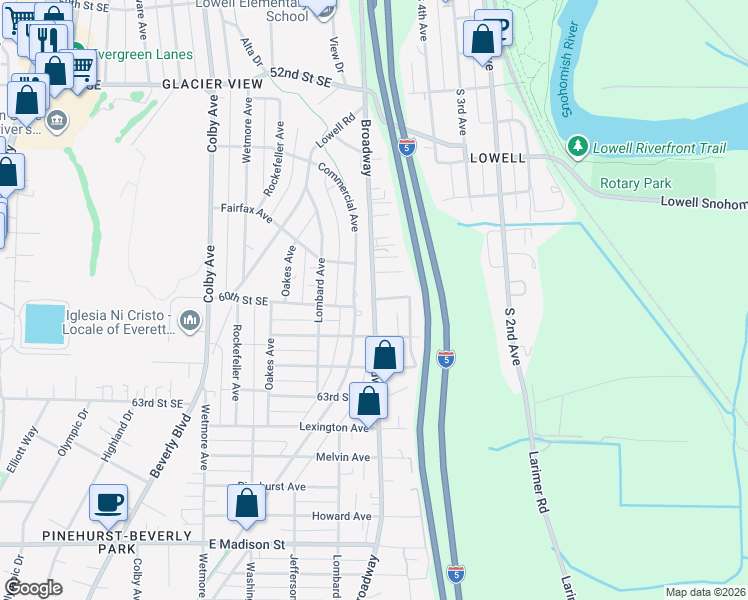 map of restaurants, bars, coffee shops, grocery stores, and more near 5933 Broadway in Everett