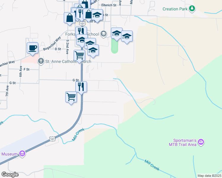map of restaurants, bars, coffee shops, grocery stores, and more near 400 Fern Hill Road in Forks