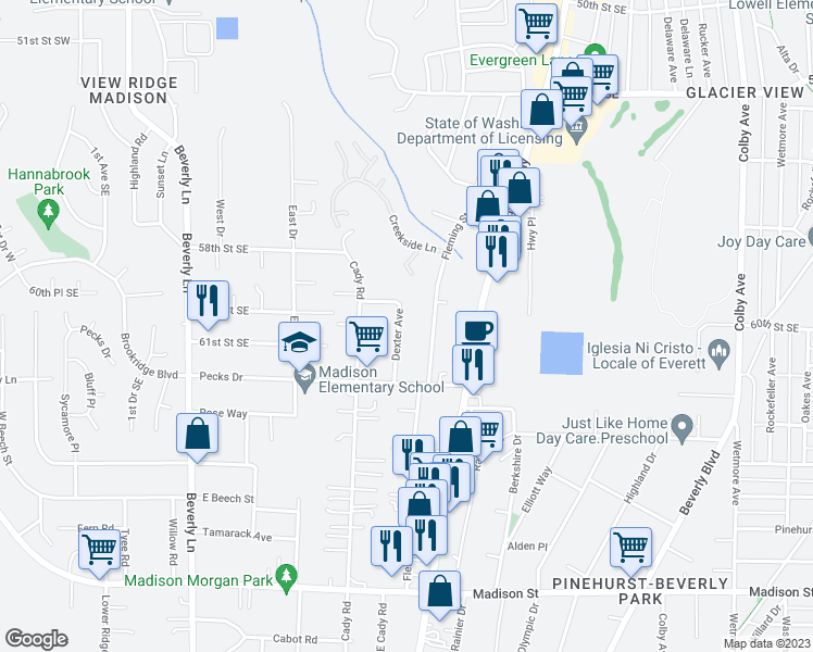 map of restaurants, bars, coffee shops, grocery stores, and more near 6015 Dexter Avenue in Everett