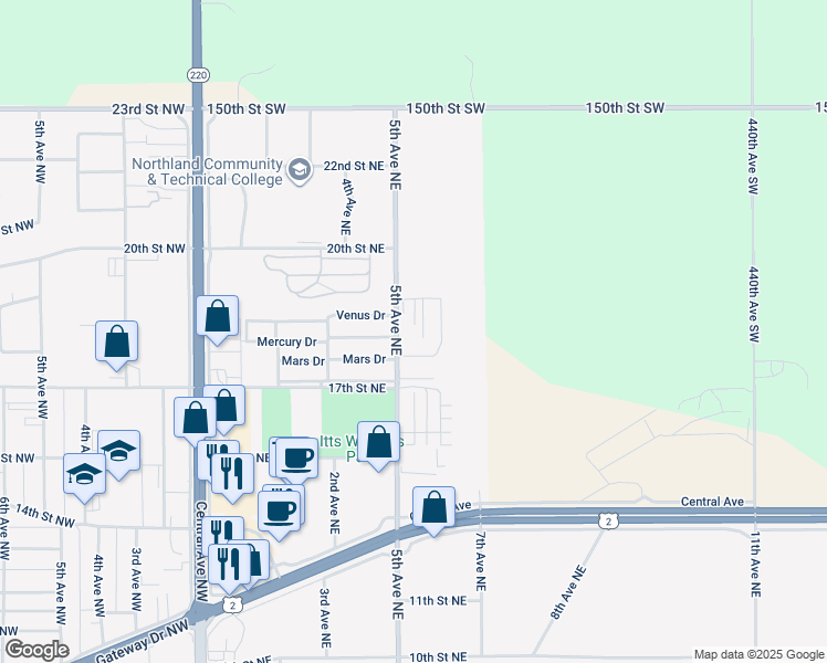 map of restaurants, bars, coffee shops, grocery stores, and more near 224 Mercury Drive in East Grand Forks