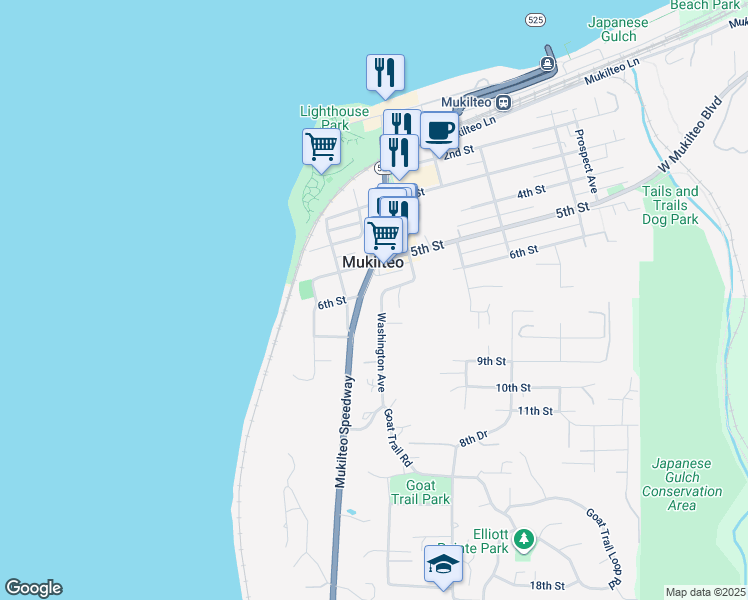 map of restaurants, bars, coffee shops, grocery stores, and more near 603 Washington Avenue in Mukilteo
