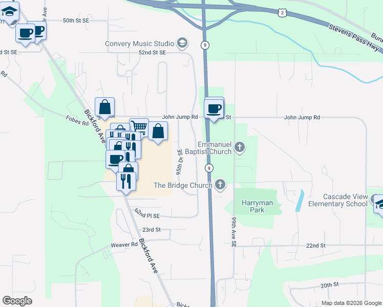 map of restaurants, bars, coffee shops, grocery stores, and more near 5831 95th Drive Southeast in Snohomish