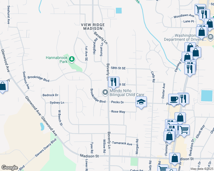 map of restaurants, bars, coffee shops, grocery stores, and more near 6012 Beverly Lane in Everett