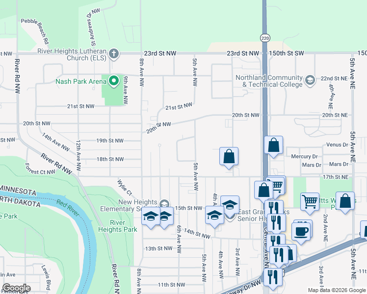 map of restaurants, bars, coffee shops, grocery stores, and more near 6 Garden Court Northwest in East Grand Forks