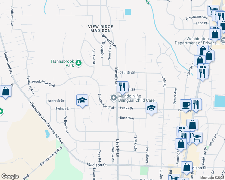 map of restaurants, bars, coffee shops, grocery stores, and more near 6004 Beverly Lane in Everett