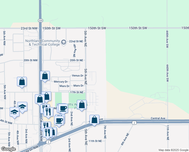 map of restaurants, bars, coffee shops, grocery stores, and more near 1720 5th Avenue Northeast in East Grand Forks