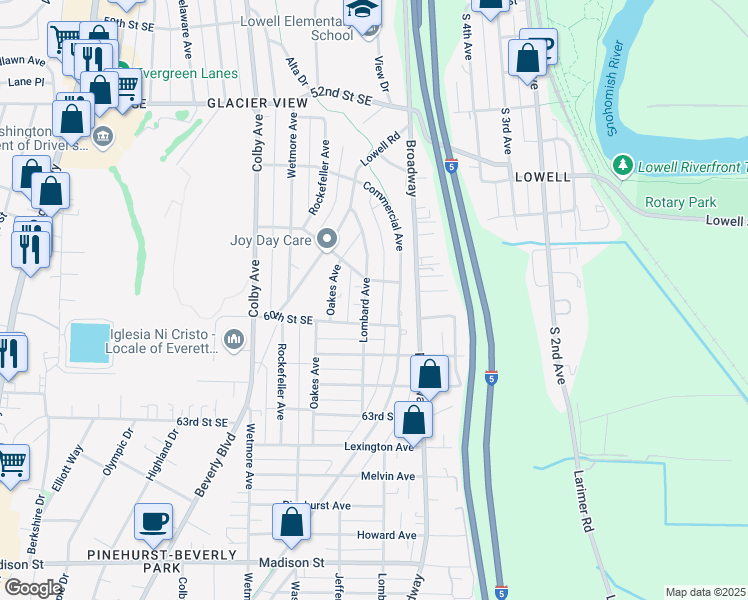 map of restaurants, bars, coffee shops, grocery stores, and more near 2209 Fairfax Avenue in Everett
