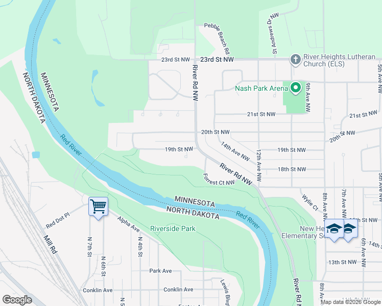 map of restaurants, bars, coffee shops, grocery stores, and more near 1511 20th Street Northwest in East Grand Forks
