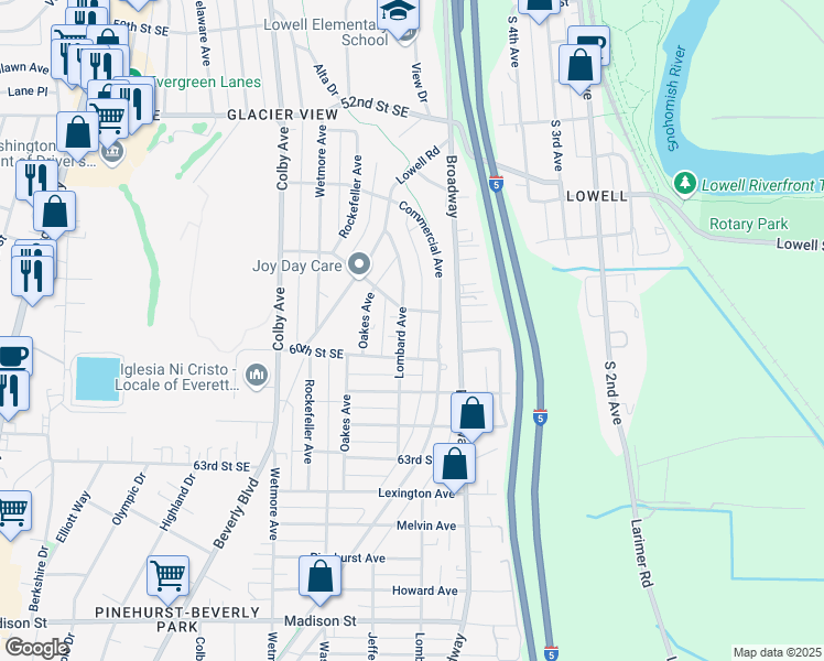 map of restaurants, bars, coffee shops, grocery stores, and more near 2209 Fairfax Avenue in Everett