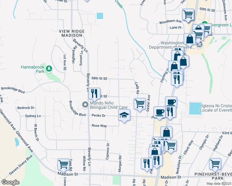 map of restaurants, bars, coffee shops, grocery stores, and more near 5818 East Drive in Everett