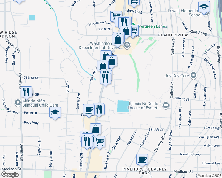 map of restaurants, bars, coffee shops, grocery stores, and more near 5904 Highway Place in Everett