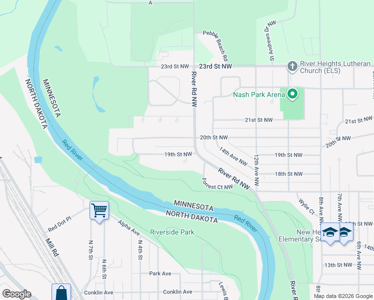 map of restaurants, bars, coffee shops, grocery stores, and more near 1511 20th Street Northwest in East Grand Forks
