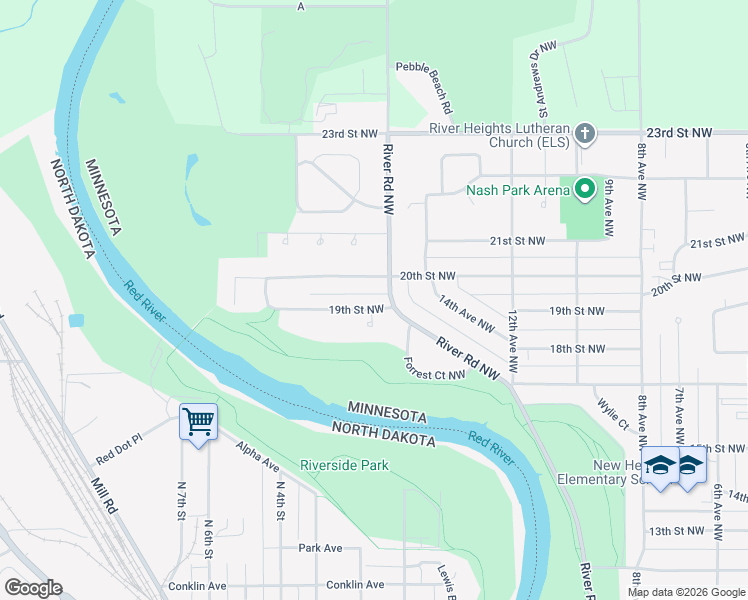 map of restaurants, bars, coffee shops, grocery stores, and more near 1511 20th Street Northwest in East Grand Forks