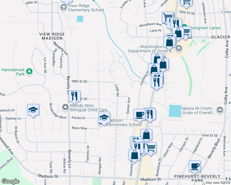 map of restaurants, bars, coffee shops, grocery stores, and more near 5831 Cady Road in Everett