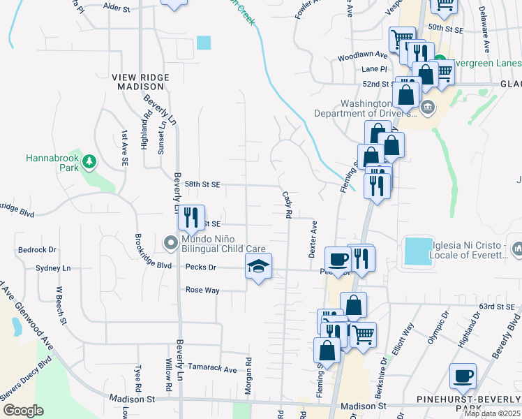 map of restaurants, bars, coffee shops, grocery stores, and more near 5834 Cady Road in Everett