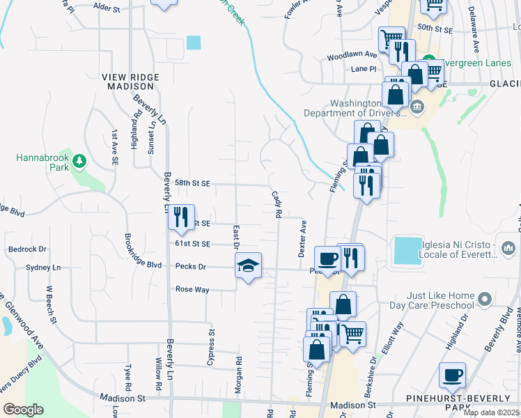 map of restaurants, bars, coffee shops, grocery stores, and more near 5834 Cady Road in Everett