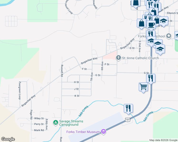 map of restaurants, bars, coffee shops, grocery stores, and more near 630 7th Avenue in Forks