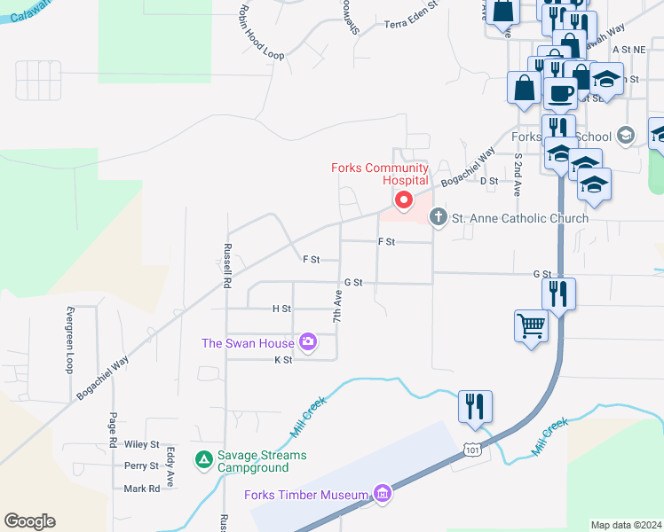 map of restaurants, bars, coffee shops, grocery stores, and more near 630 7th Avenue in Forks