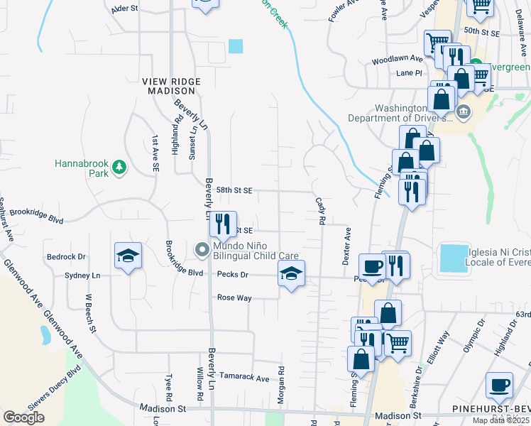 map of restaurants, bars, coffee shops, grocery stores, and more near 5818 East Drive in Everett