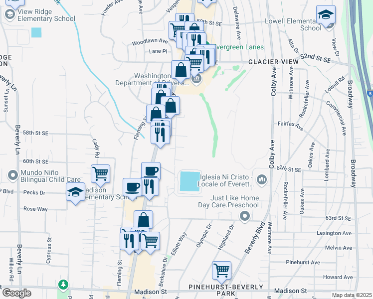 map of restaurants, bars, coffee shops, grocery stores, and more near 5809 Highway Place in Everett