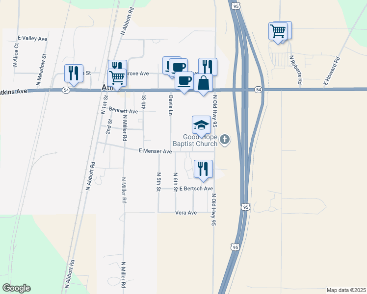 map of restaurants, bars, coffee shops, grocery stores, and more near 6161 East Menser Avenue in Athol