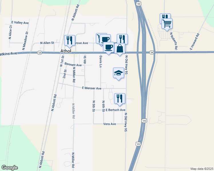 map of restaurants, bars, coffee shops, grocery stores, and more near 6161 East Menser Avenue in Athol