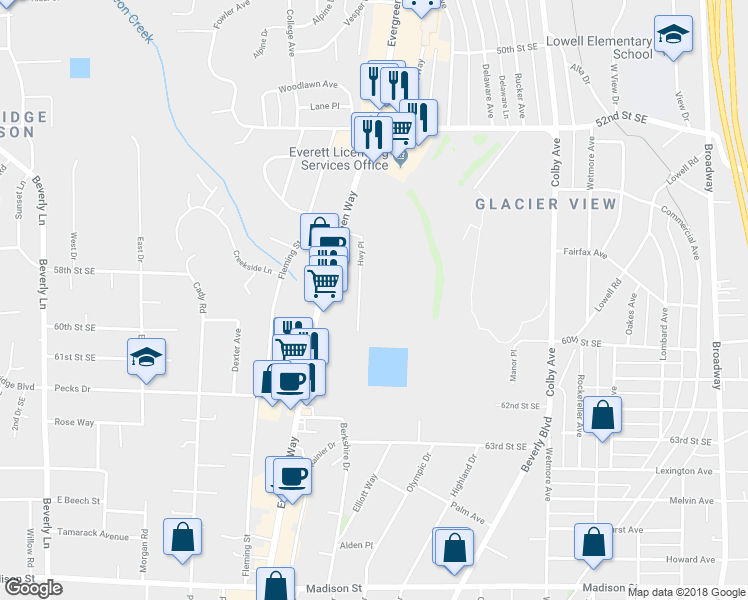 map of restaurants, bars, coffee shops, grocery stores, and more near 5809 Highway Place in Everett