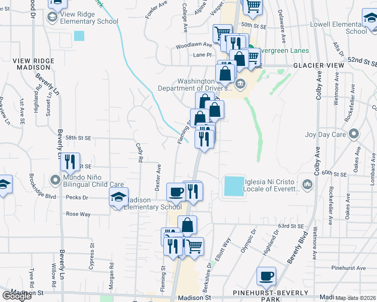 map of restaurants, bars, coffee shops, grocery stores, and more near 5902 Evergreen Way in Everett