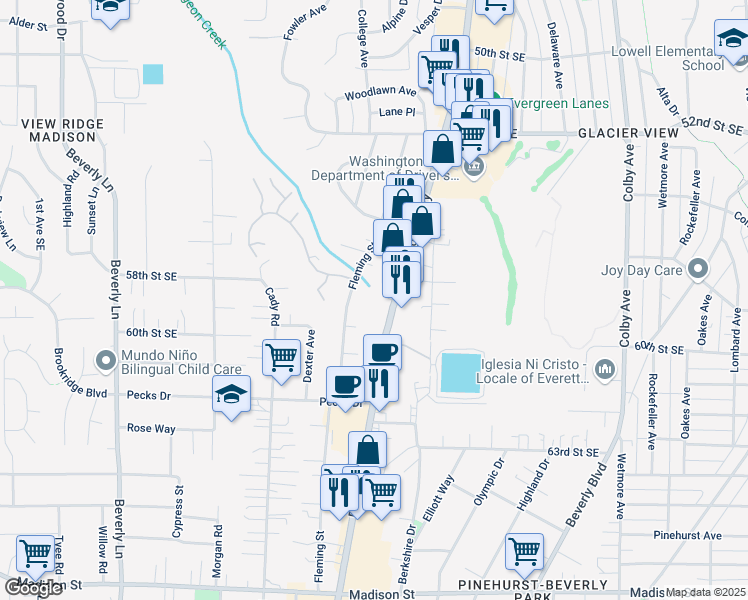 map of restaurants, bars, coffee shops, grocery stores, and more near 5902 Evergreen Way in Everett