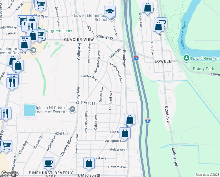 map of restaurants, bars, coffee shops, grocery stores, and more near 2209 Fairfax Avenue in Everett