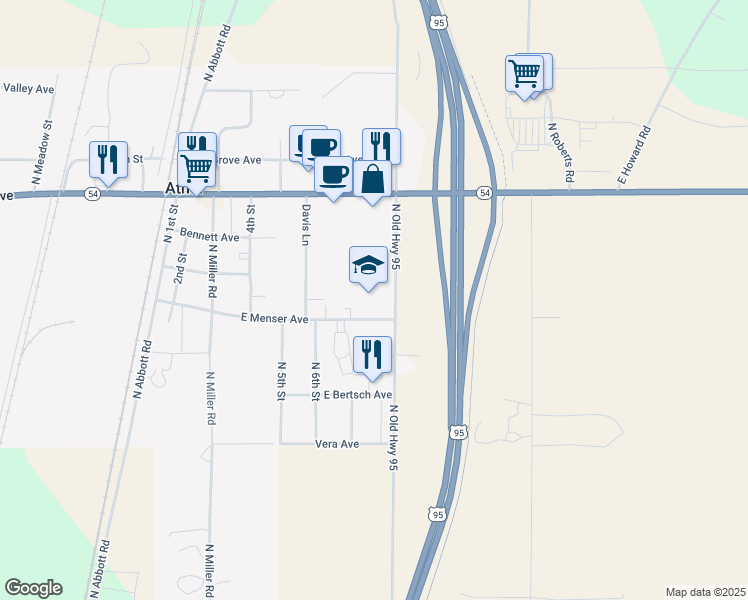 map of restaurants, bars, coffee shops, grocery stores, and more near 6333 East Menser Avenue in Athol
