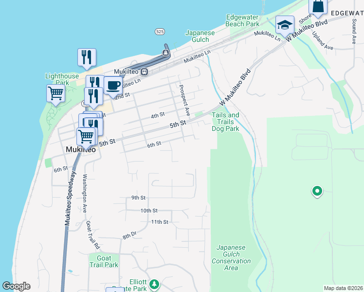 map of restaurants, bars, coffee shops, grocery stores, and more near 645 Cornelia Avenue in Mukilteo