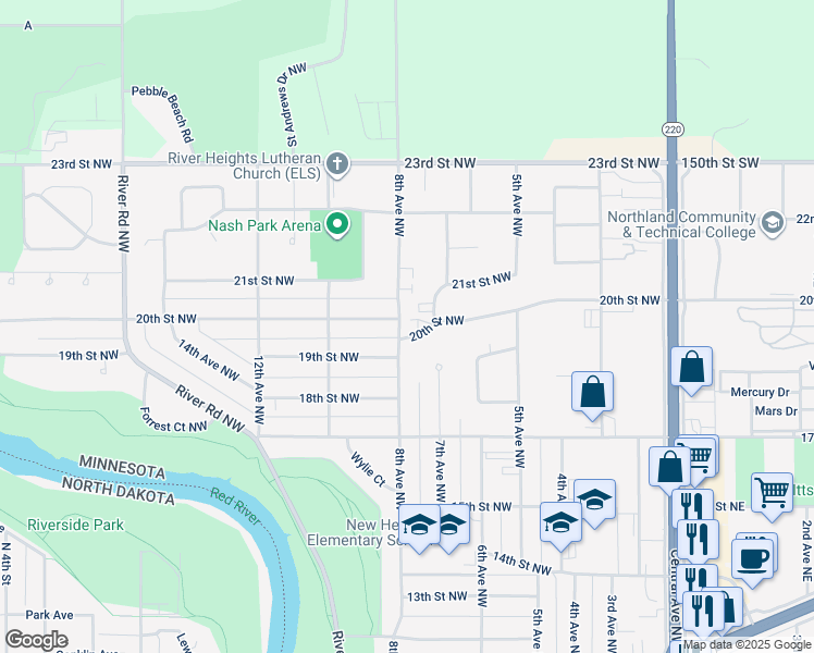 map of restaurants, bars, coffee shops, grocery stores, and more near 2002 8th Avenue Northwest in East Grand Forks