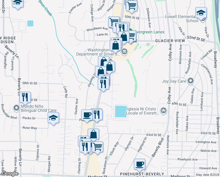 map of restaurants, bars, coffee shops, grocery stores, and more near 5806 Highway Place in Everett