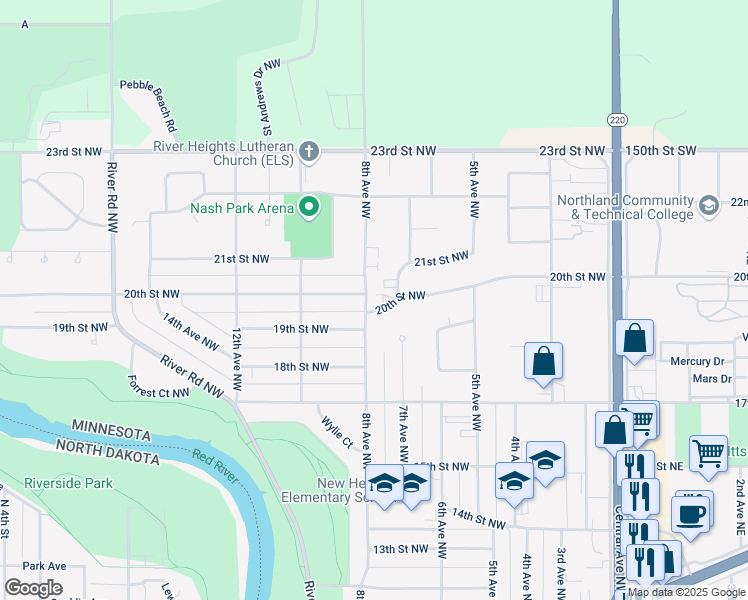 map of restaurants, bars, coffee shops, grocery stores, and more near 2002 20th Street Northwest in East Grand Forks