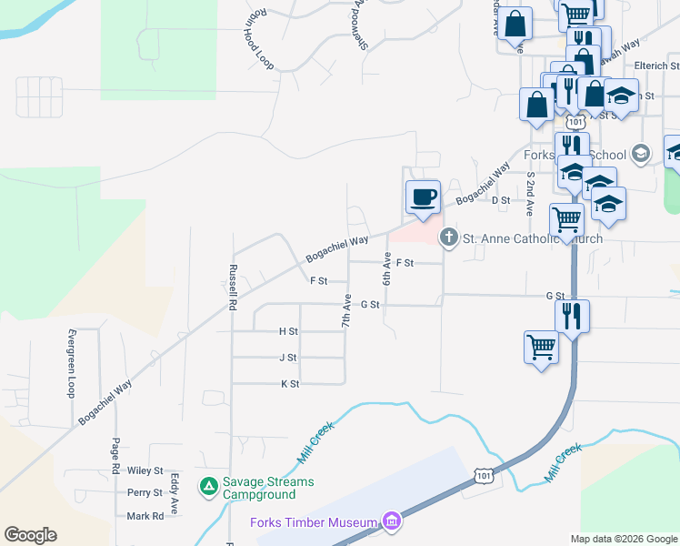 map of restaurants, bars, coffee shops, grocery stores, and more near 630 7th Avenue in Forks