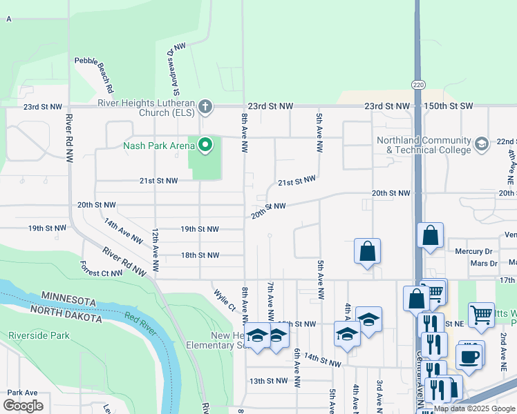 map of restaurants, bars, coffee shops, grocery stores, and more near 2002 20th Street Northwest in East Grand Forks