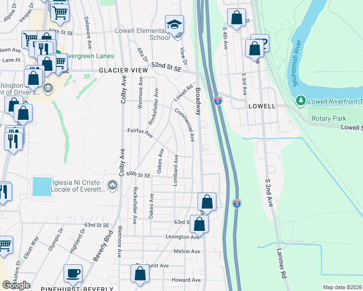 map of restaurants, bars, coffee shops, grocery stores, and more near 2209 Fairfax Avenue in Everett