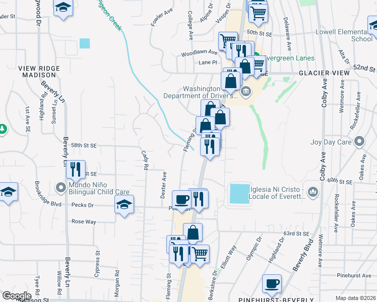 map of restaurants, bars, coffee shops, grocery stores, and more near 5829 Fleming Street in Everett