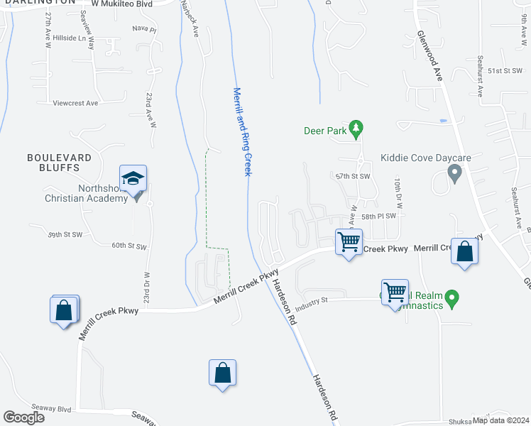 map of restaurants, bars, coffee shops, grocery stores, and more near 1707 Merrill Creek Parkway in Everett