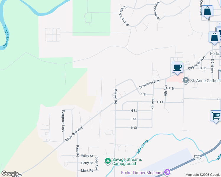 map of restaurants, bars, coffee shops, grocery stores, and more near 1015 Russell Rd in Forks
