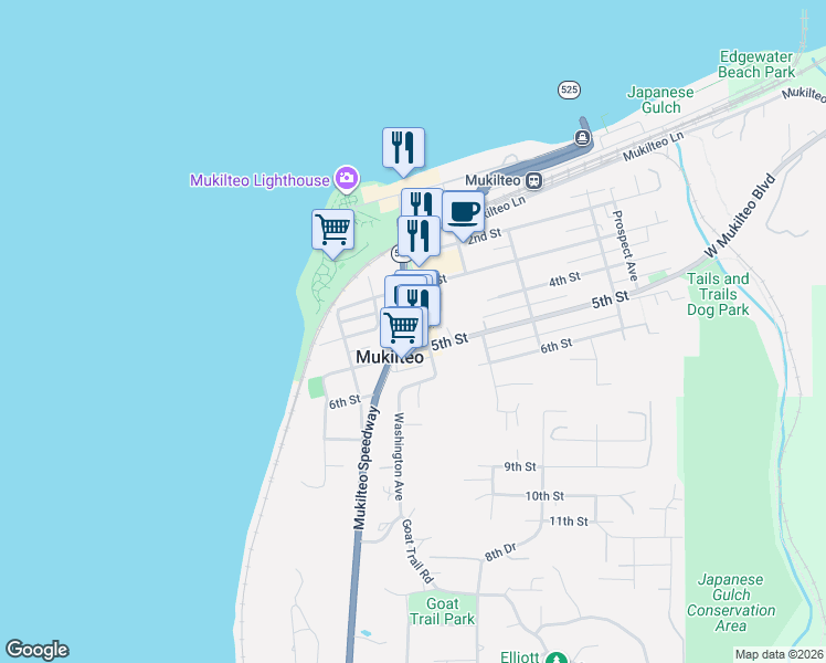 map of restaurants, bars, coffee shops, grocery stores, and more near 407 Lincoln Avenue in Mukilteo
